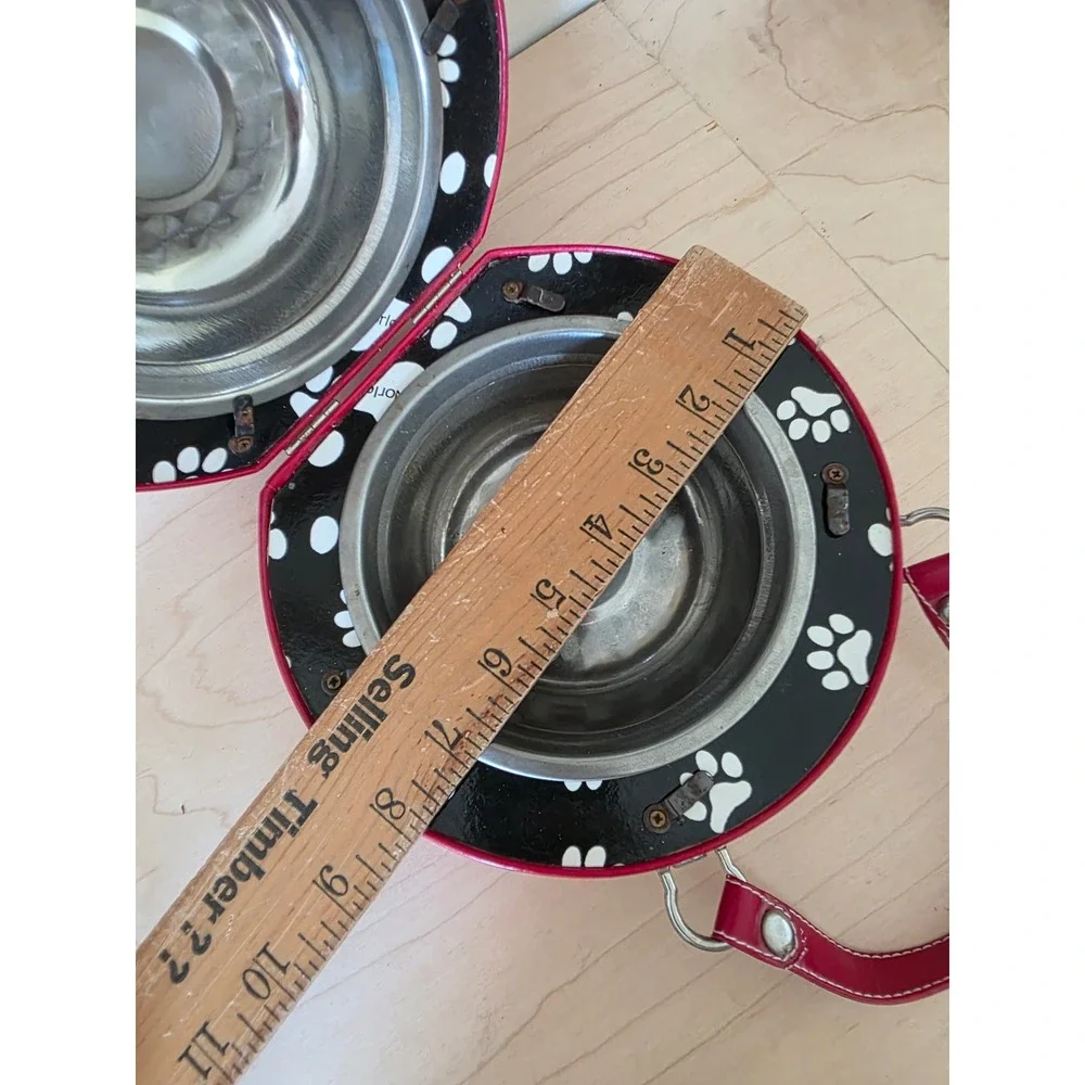 PortablePET Vintage Red Faux Leather Pet Bowl Luggage Set Dog Bone Paw Print